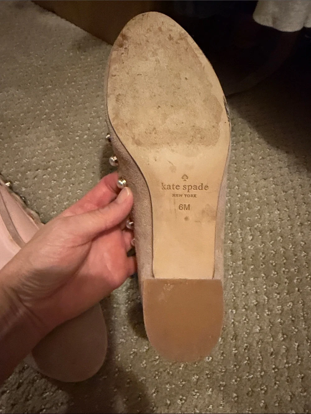 kate spade Pink Scalloped Pearl-Trim Suede Flats